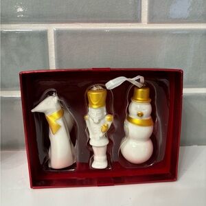 Starbucks 2012 Christmas ornaments featuring a fox, nutcracker, and snowman